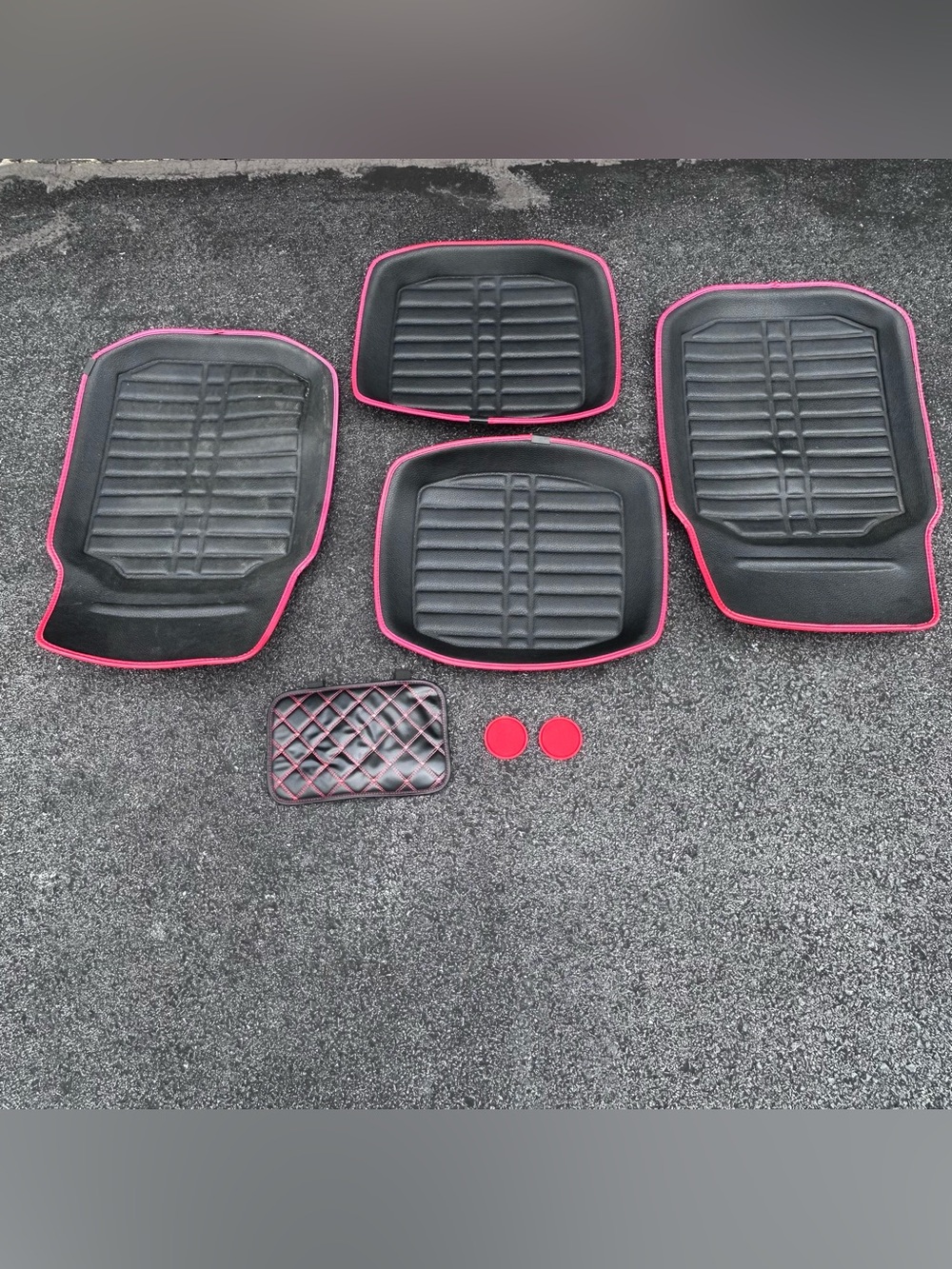 Black & Red Universal Car Floor Mats Set + Cup Holder Inserts